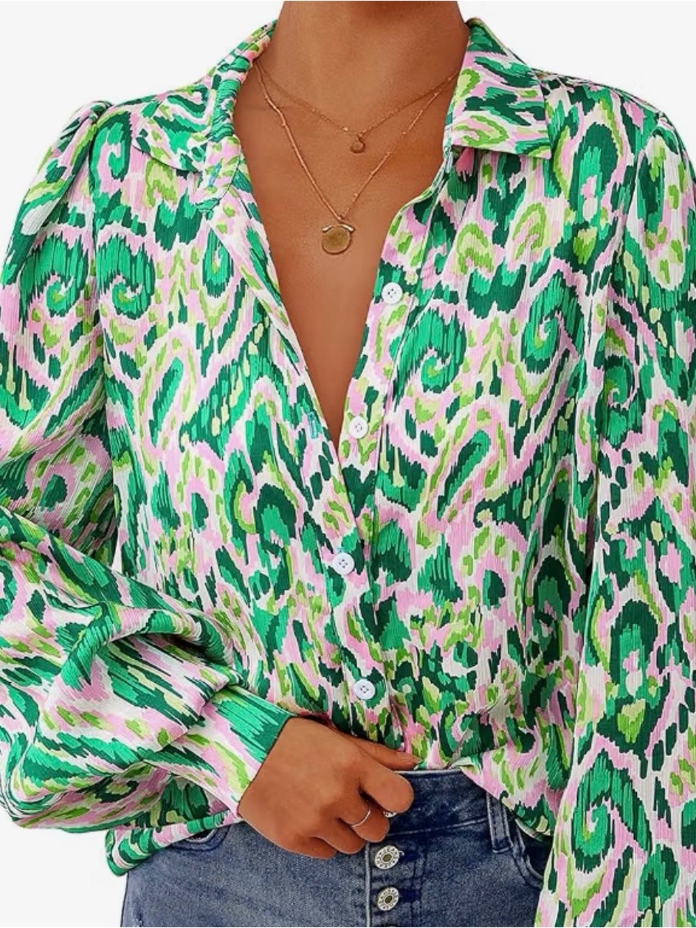 Green and Pink Abstract Button-Front Blouse